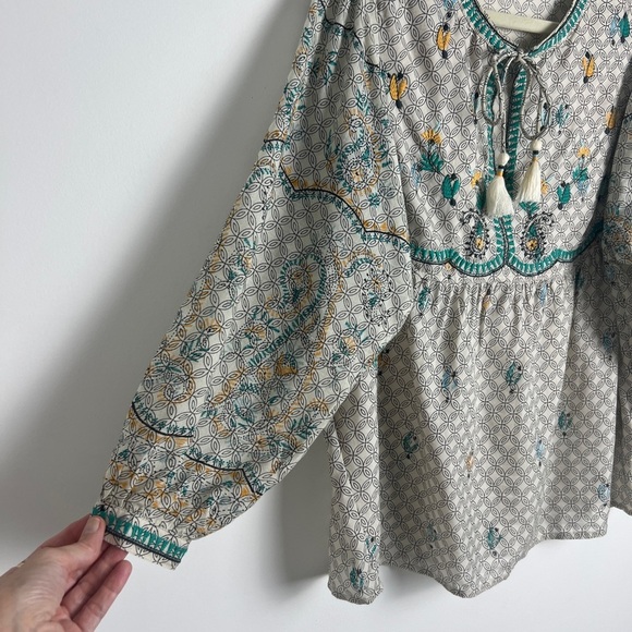 Lucky Brand Evelyn Embroidered Peasant Bohemian Tassel Balloon Sleeve Top Sz L - Picture 9 of 12